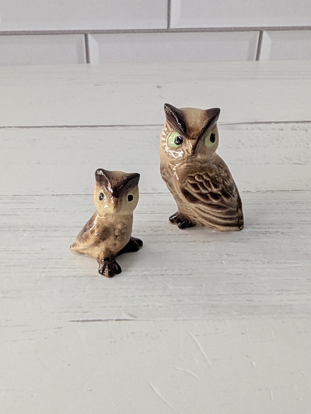 Hagen Renaker Miniature Ceramic Owl Figurine Set of 2 Mama & Baby Owlet